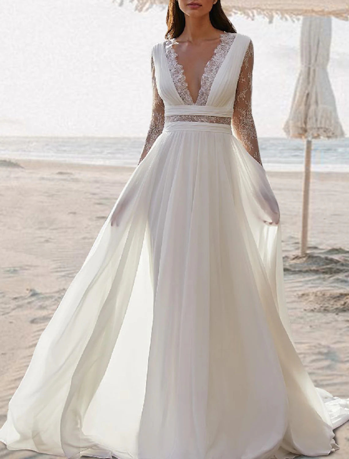 DingJiDress Beach Open Back Boho Wedding Dresses A-Line V Neck Sleeveless Floor Length Chiffon Bridal Gowns With Pleats Mermaid Style Gown