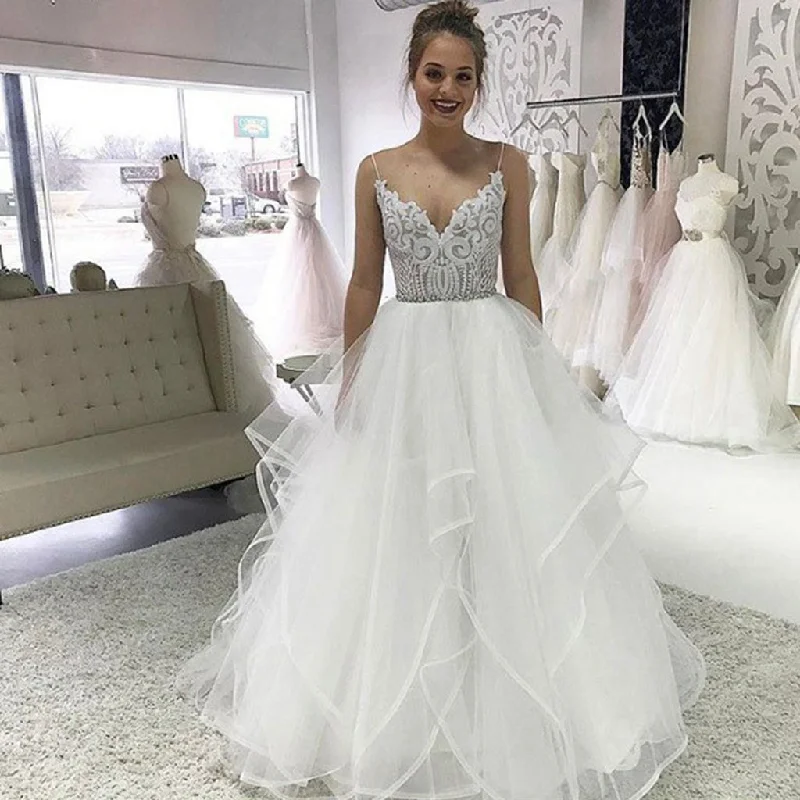 Spaghetti Strpas Lace Top Backless Wedding Dresses, White Organza A-Line Backless Wedding Gowns, LB0923 Mermaid Style Gown