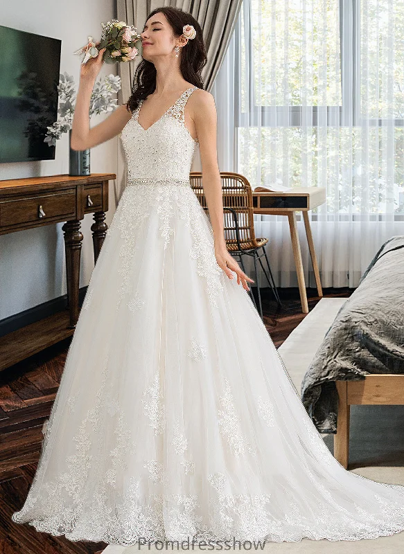 Braelyn Ball-Gown/Princess V-neck Court Train Tulle Wedding Dress With Beading Sequins STKP0013779 Beautiful Lace Gown