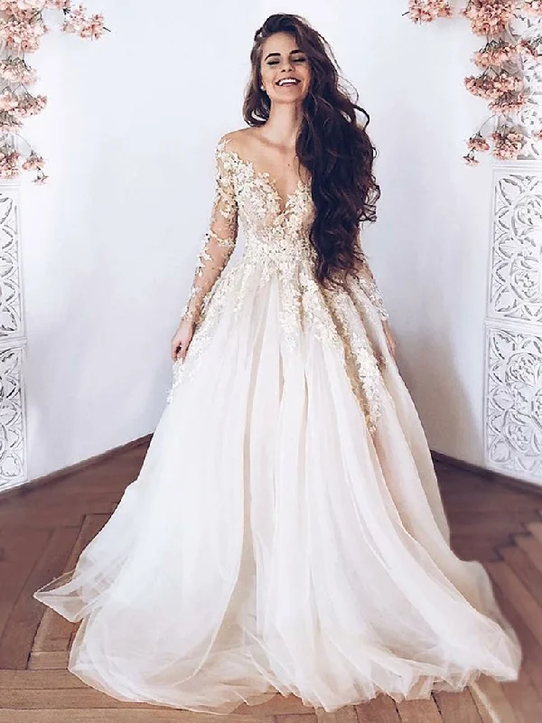 Champagne Lace Appliques Tulle Long Prom Dresses With Long Sleeves, Champagne Lace Wedding Dresses Ruffle Wedding Gown