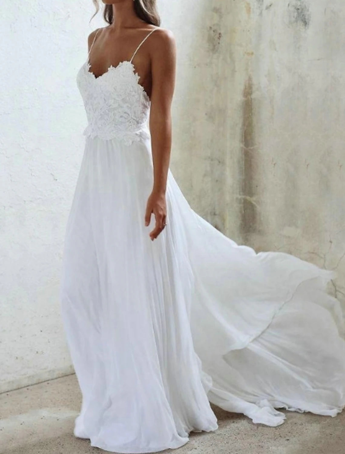 DingJiDress Beach Sexy Boho Simple Wedding Dress A-Line Sweetheart Camisole Spaghetti Strap Sweep / Brush Train Chiffon Bridal Gowns With Pleats Appliques dress to impress Fall Wedding Sheer Wedding Dress