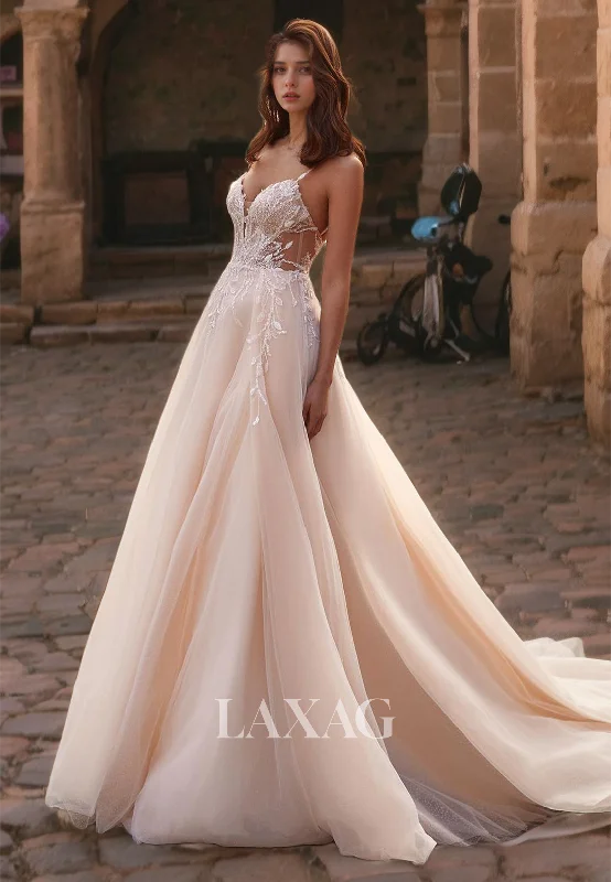 Fairytale V-Neck Chapel Train A-Line Tulle Appique Open Back Beach Wedding Dress Simple Wedding Gown