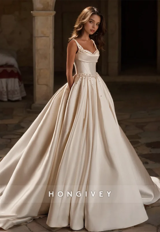 HONGIVEY New Satin Wedding Dresses with Train Straps A-Line Beaded Wedding Gown Full Skirt Gown