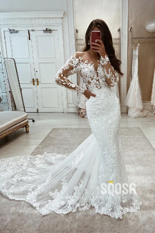 Illusion Neckline Long Sleeves Allover Lace Mermaid Wedding Dress QW2679 Timeless Wedding Dress