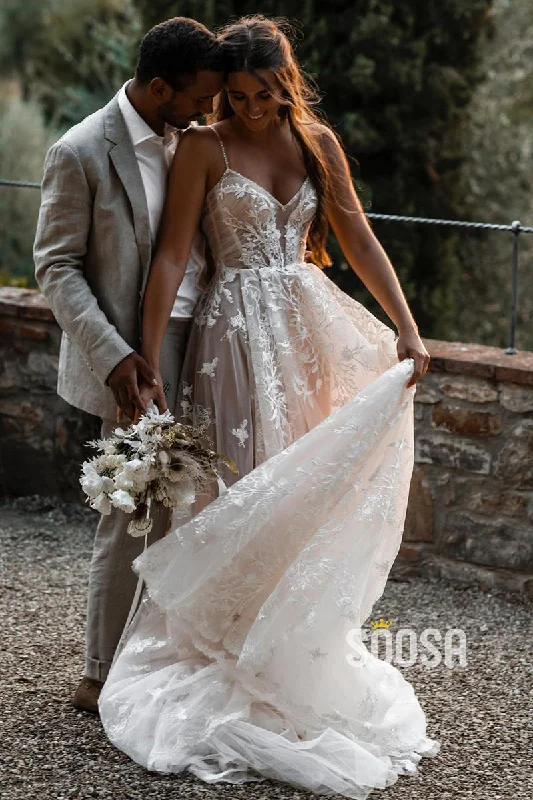 A-line Spaghetti Straps Tulle Appliques Bohemian Wedding Dress QW2690 Simple Satin Gown