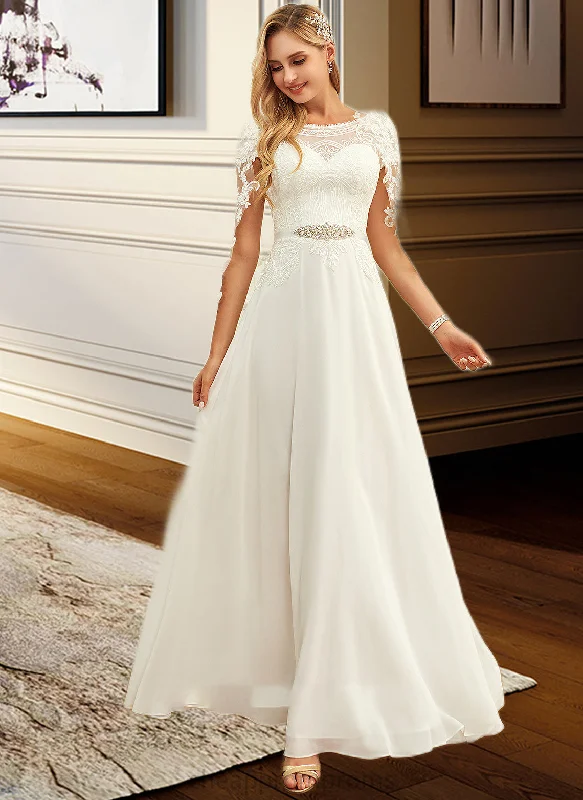 Eden A-Line Scoop Neck Floor-Length Chiffon Lace Wedding Dress With Sequins STIP0013775 Glamorous Wedding Dress