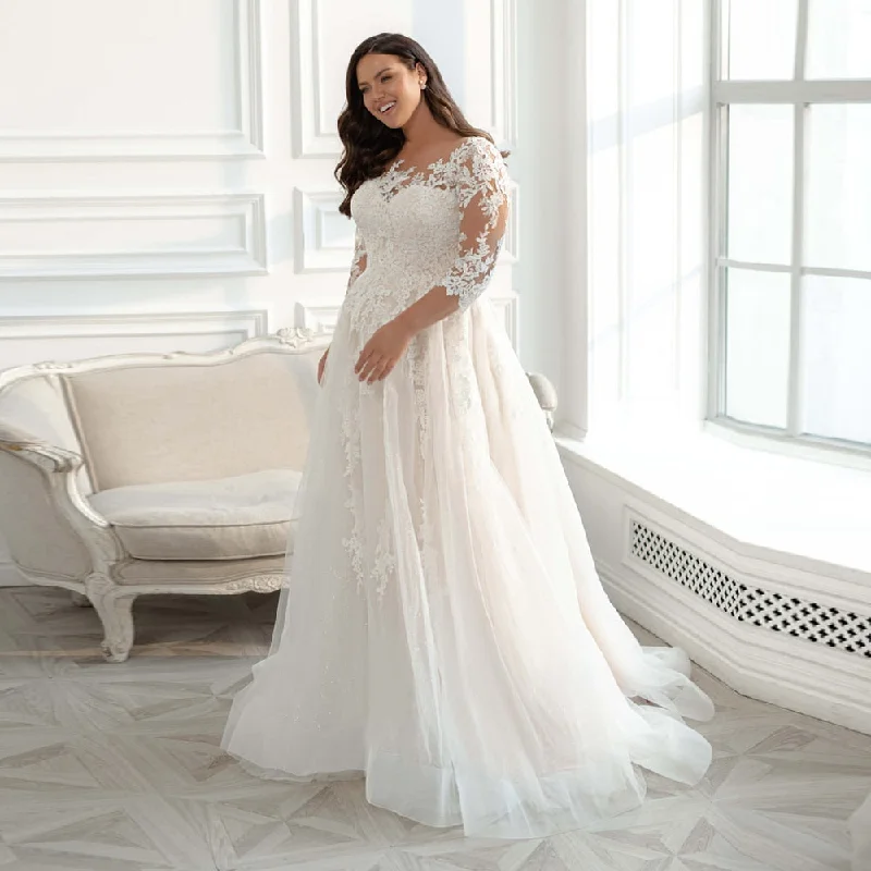 Wedding Dress Plus Size 3/4 Sleeves Glitter Tulle Lace Bride Dresses Big Size Lace Back Wedding