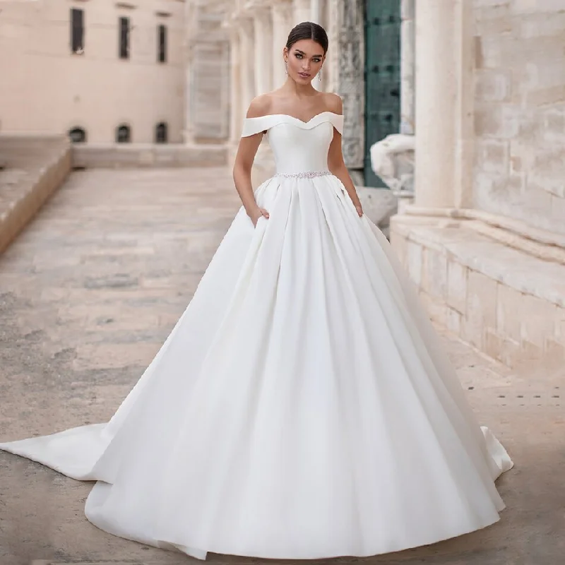 Fashion Off-shoulder Backless Satin Bridal Gown A-line Lace Up Wedding Dress With Crystal Sash Sparkling Wedding Dress