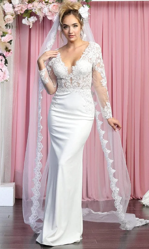 May Queen RQ7901 - Long Sleeves Low-cut V-neck Wedding Gown Wedding Dress Style