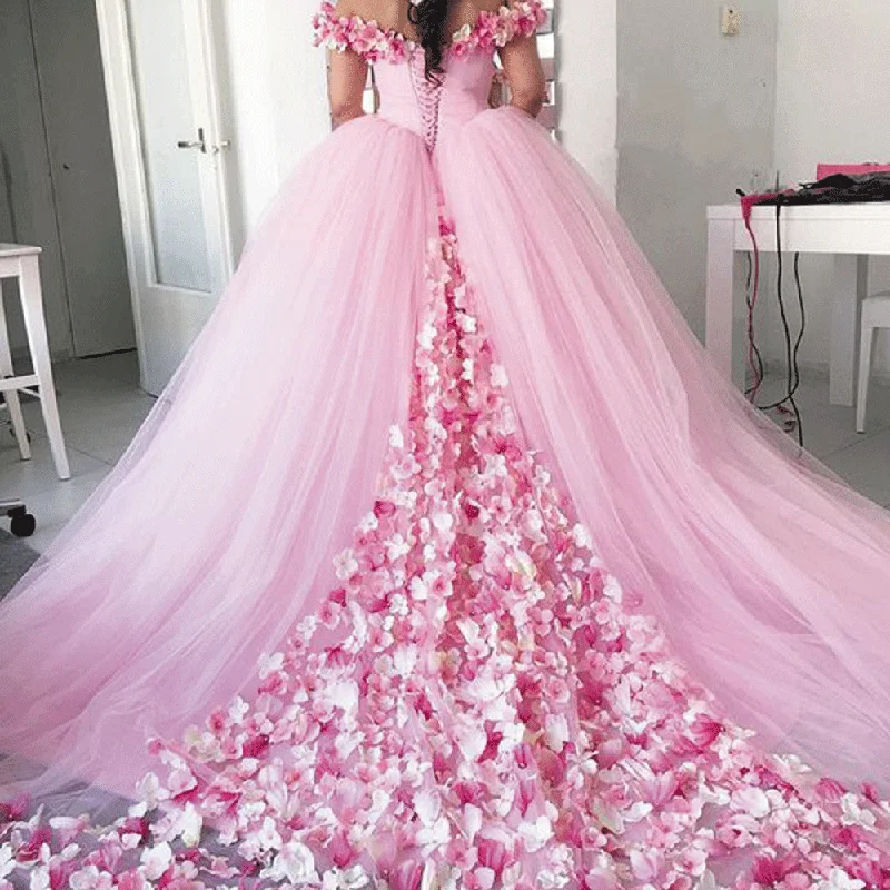 princess ball gown wedding dresses for bride handmade flowers pink elegant off the shoulder wedding gown Lace Wedding Gown