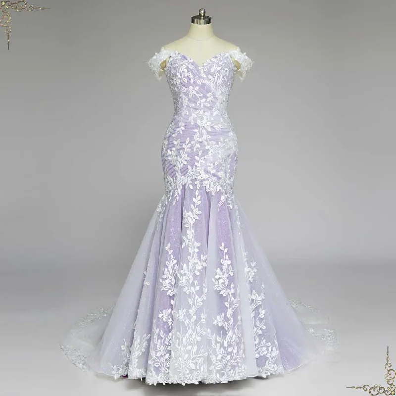 Purple Lace Mermaid Wedding Dress with Off Shoulder Sleeves | HOPKINS Sexy Satin Gown