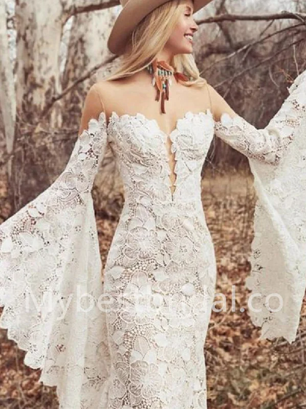 Sexy Sweetheart Long sleeves Mermaid Lace applique Wedding Dresses, WDY0276 Mermaid Wedding Gown