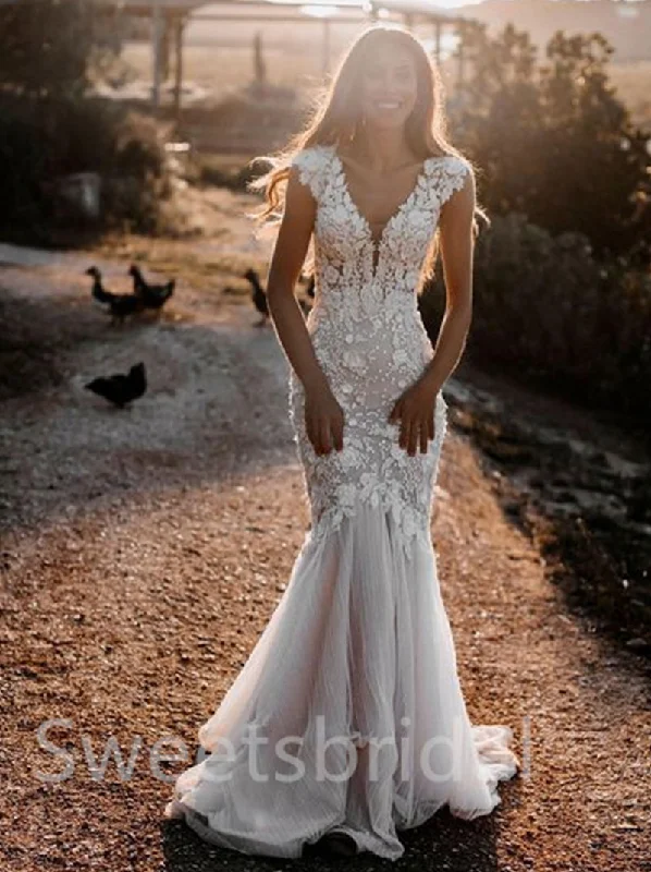 Simple V-neck Mermaid Lace applique Wedding Dresses,  DB0250 Satin Bridal Gown