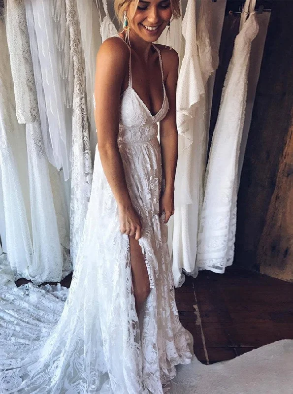 Spaghetti-straps Cross Back Backless Beach Lace Wedding Dress OW318 Sparkling Wedding Dress