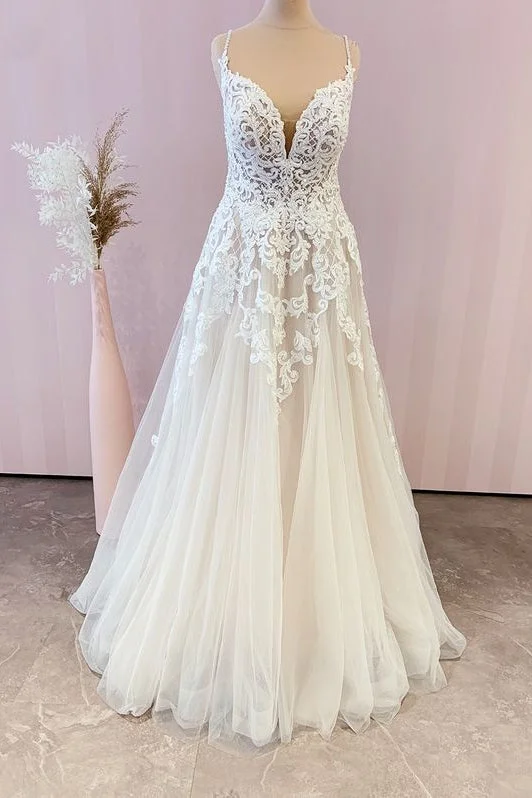 Stunning Long A-Line Spaghetti Straps Appliques Lace Tulle Wedding Dress Crystal Wedding Dress