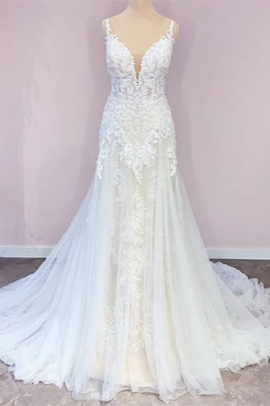 Stunning Long A-Line Tulle Sweetheart Appliques Lace Wedding Dress Sparkling Bridal Gown