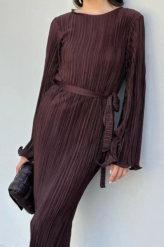 TastyHottie - Pleated Long Flares Sleeve Tie-waist Dress Vintage midi dresses