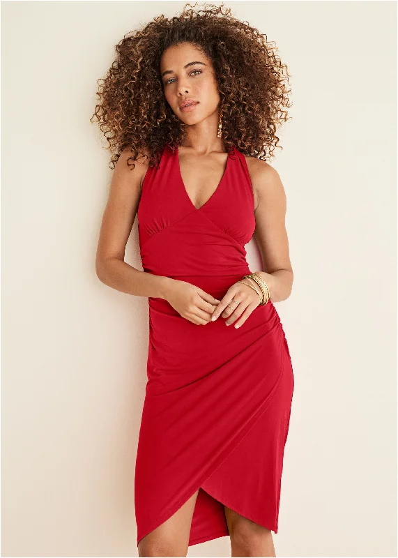 Halter Wrap Dress - Red Knitted midi dresses