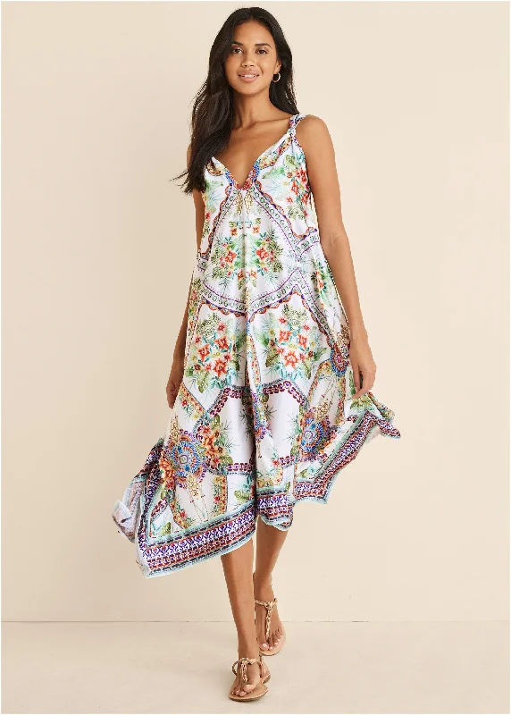 Handkerchief Hem Midi Dress - Tropical Status Border Halter midi dresses