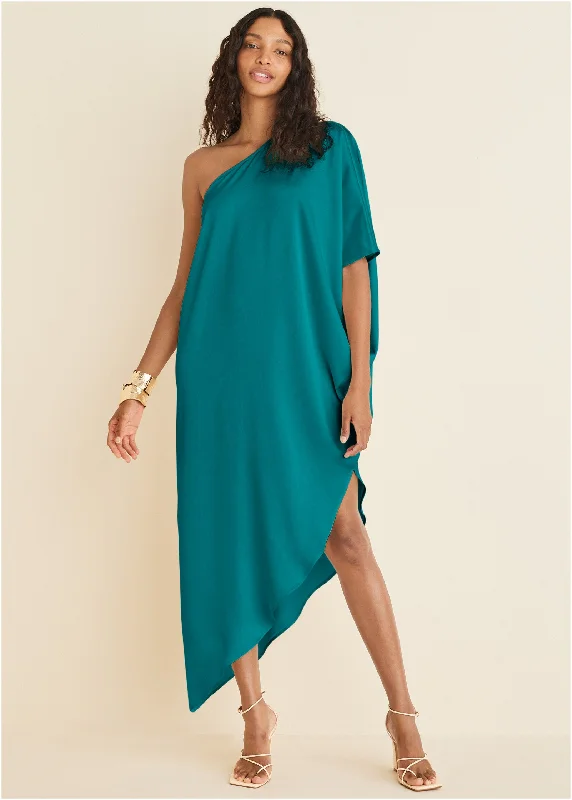 One-Shoulder Kaftan Dress - Teal Lightweight midi dresses for hot weather