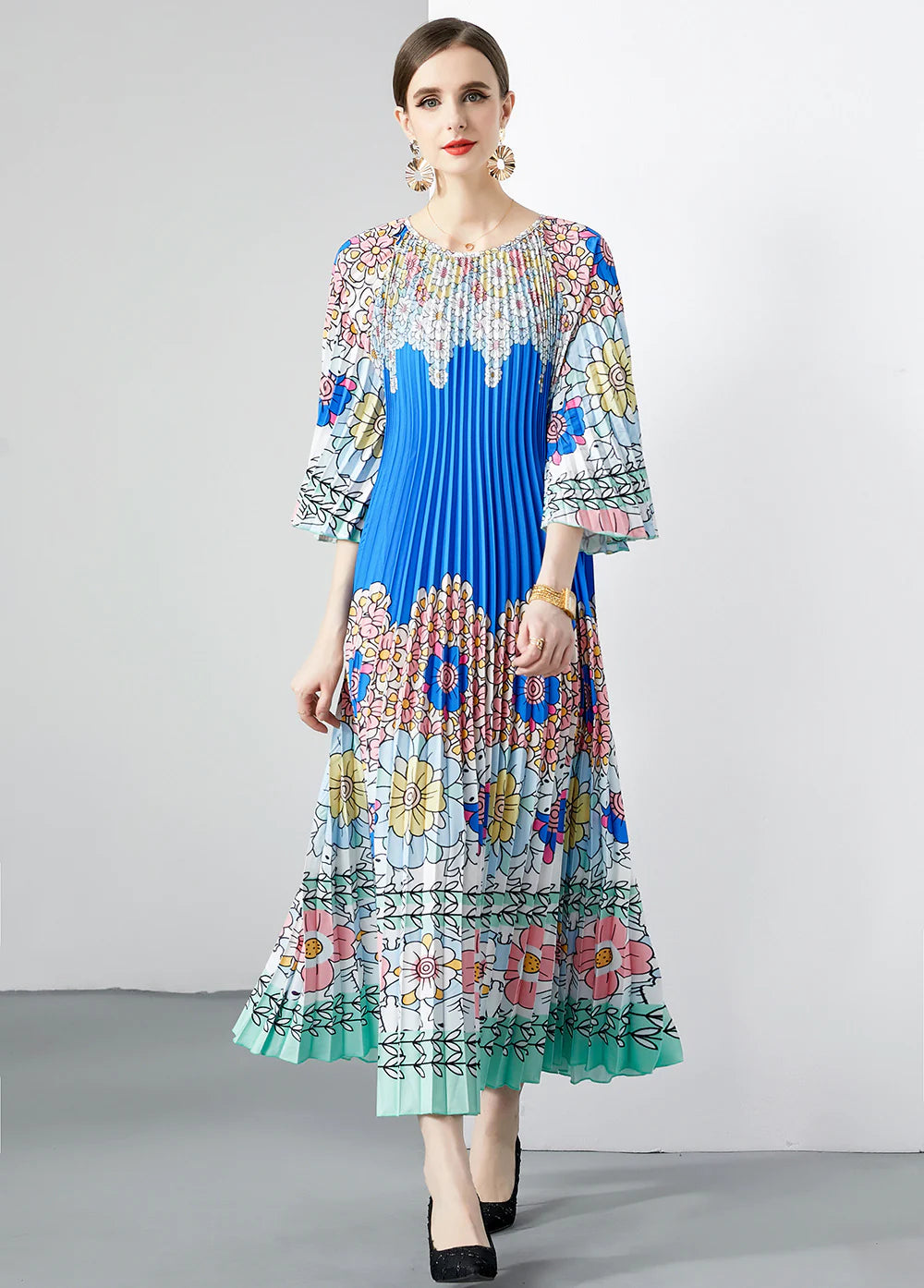 FOLDING PRINT SHORT SLEEVE LONG DRESS Best maxi dresses for elegant looks