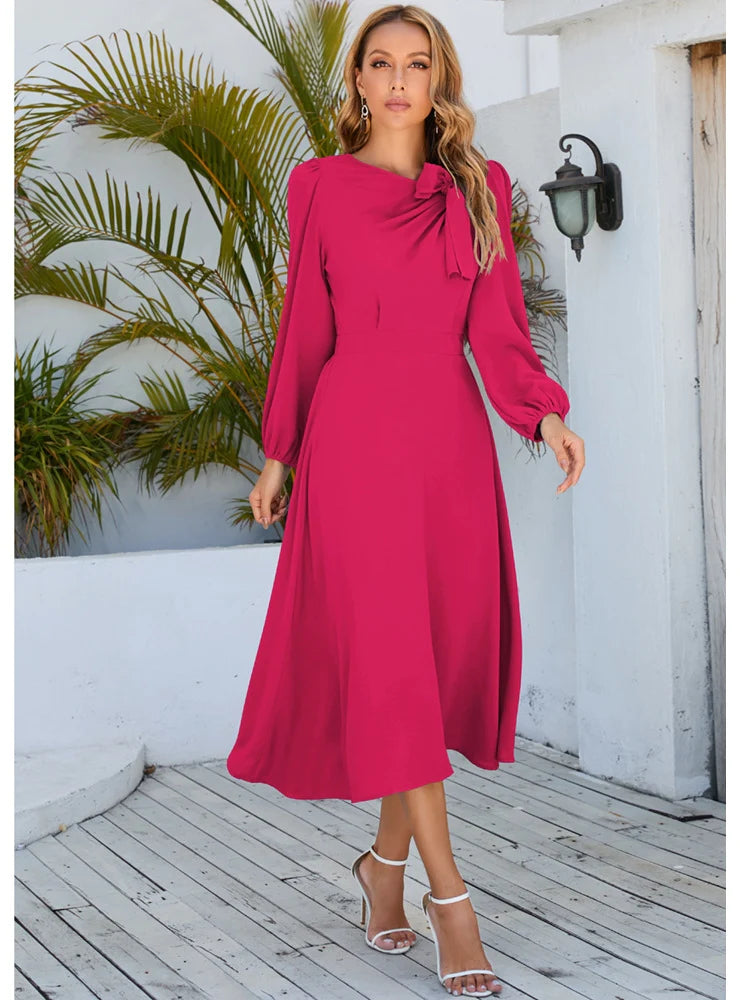 LONG SLEEVE ROUND NECK BOW DRESS Shein maxi dresses