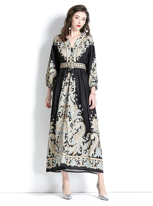 LONG SLEEVE V-NECK PRINTED LONG DRESS Women's trendy maxi dresses sale