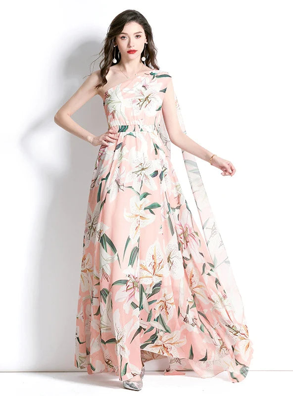 ONE-SHOULDER HOLIDAY PRINTED LONG DRESS Expensive maxi dresses