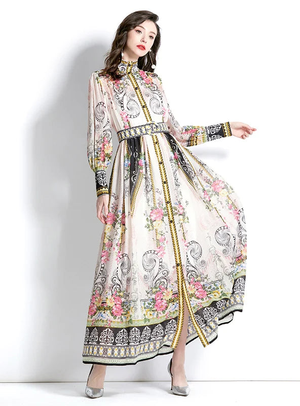 RETRO LONG SLEEVE PRINT LONG DRESS Birthday maxi dresses