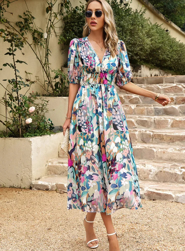 SILM WAIST V-NECK PRINTED LONG DRESS Formal maxi dresses