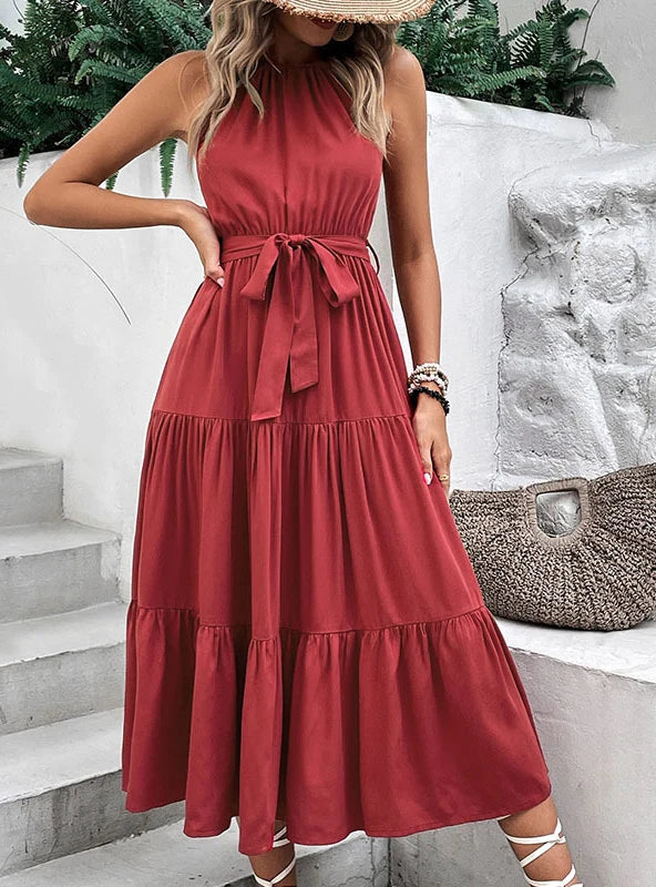 SOLID COLOR LONG PLEATED HALTER DRESS Lace maxi dresses