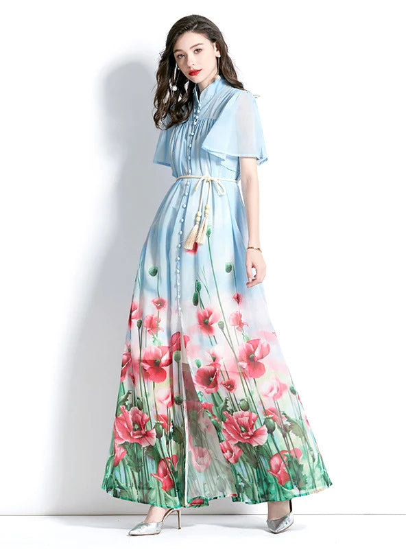 STAND-UP PRINTED SHORT SLEEVE LONG DRESS Affordable maxi dresses