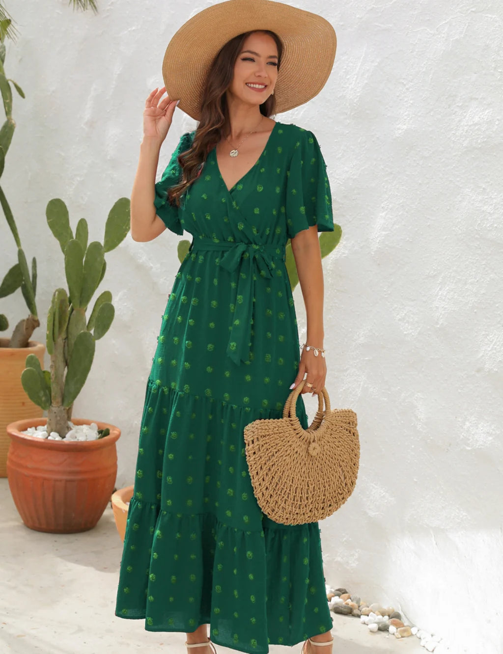 V-NECK HIGH WAIST SHORT SLEEVE LONG DRESS Best maxi dresses for casual wear