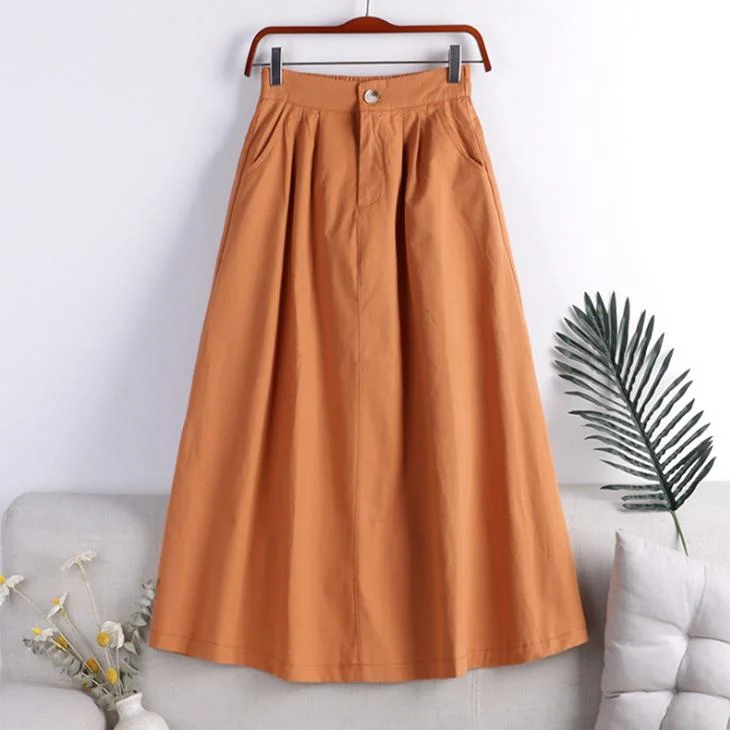 Autumn and Winter Solid Color High Waist Women's Skirt Literary Temperament Button Pocket A-line Skirt Mid-length Women's Skirt Women's unclassified skirts