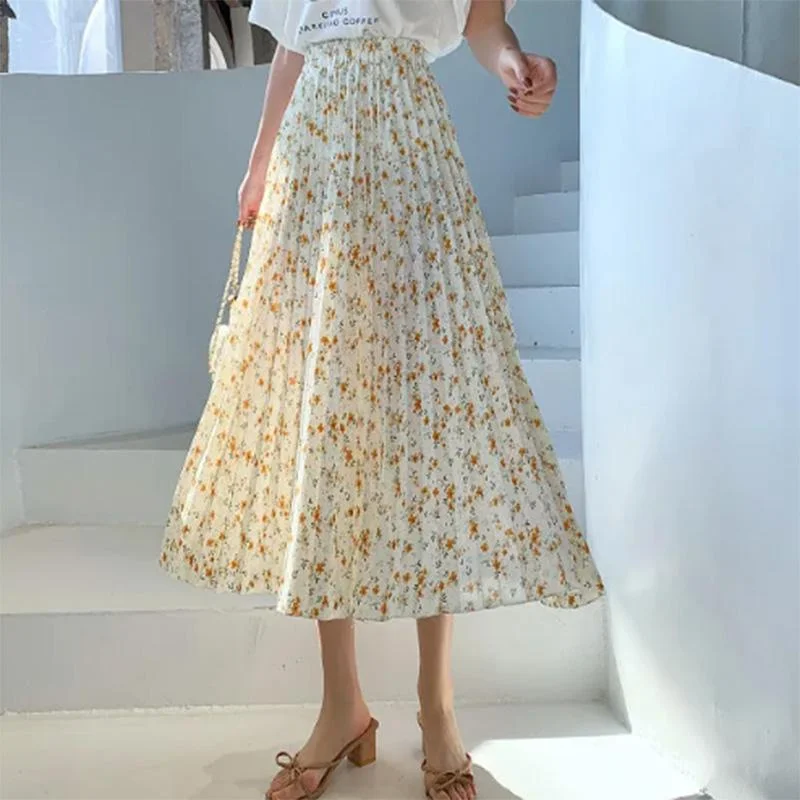 Design Sense Floral Pleated Skirt Women's Spring and Summer Mid-length High Waist All-match Drape A-line Large Swing Skirt Leather unclassified skirts