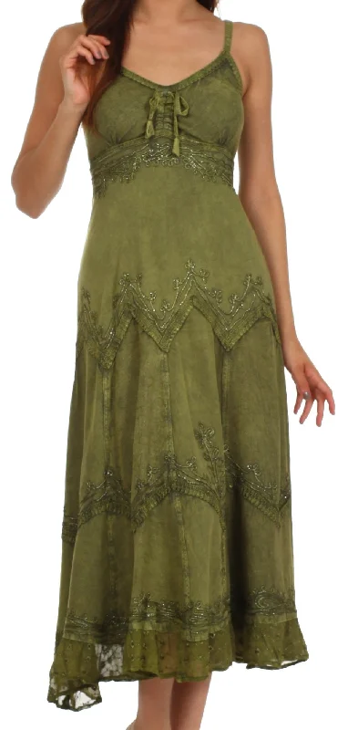 Sakkas Stonewashed Rayon Embroidered Adjustable Spaghetti Straps Long Dress Discounted maxi dresses