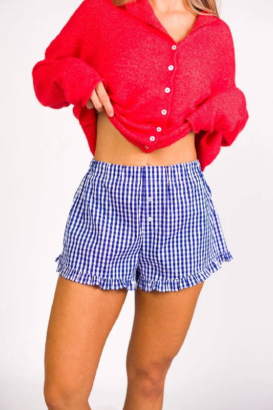 Georgia Gingham Ruffle Hem Shorts in Blue Front Pocket Mini Skirt