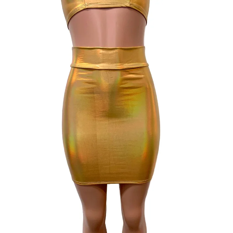 Gold Opal Holographic High Waisted Pencil Mini Skirt Front Pocket Mini Skirt