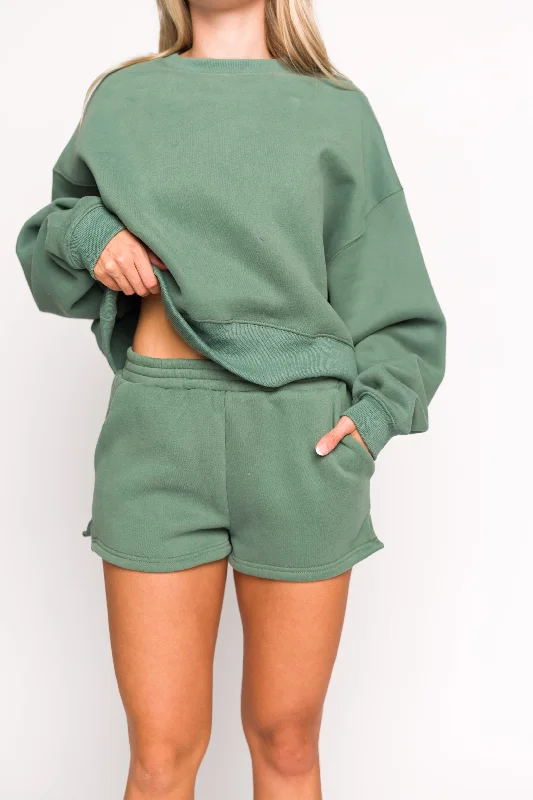 Comfy Cozy High Waisted Sweat Shorts in Pine Mini Skirt Summer