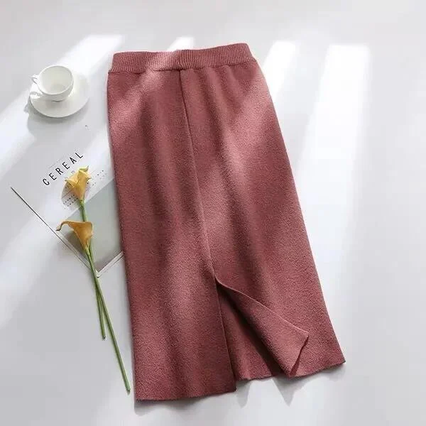 Knitted Skirt Mid-length Autumn and Winter Is Thinner One-step Skirt Split Skirt A-line Skirt Female Bag Hip Skirt Bold pattern unclassified skirts