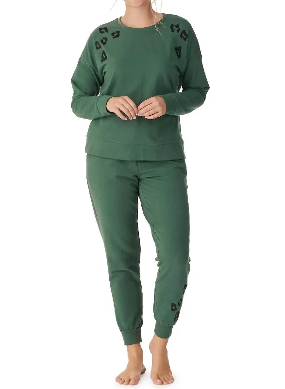 Long Sleeve Crew Embroidered Top And Jogger Organic Cotton French Terry Lounge Set in Emerald Leopard Best maxi dresses for hourglass body shape