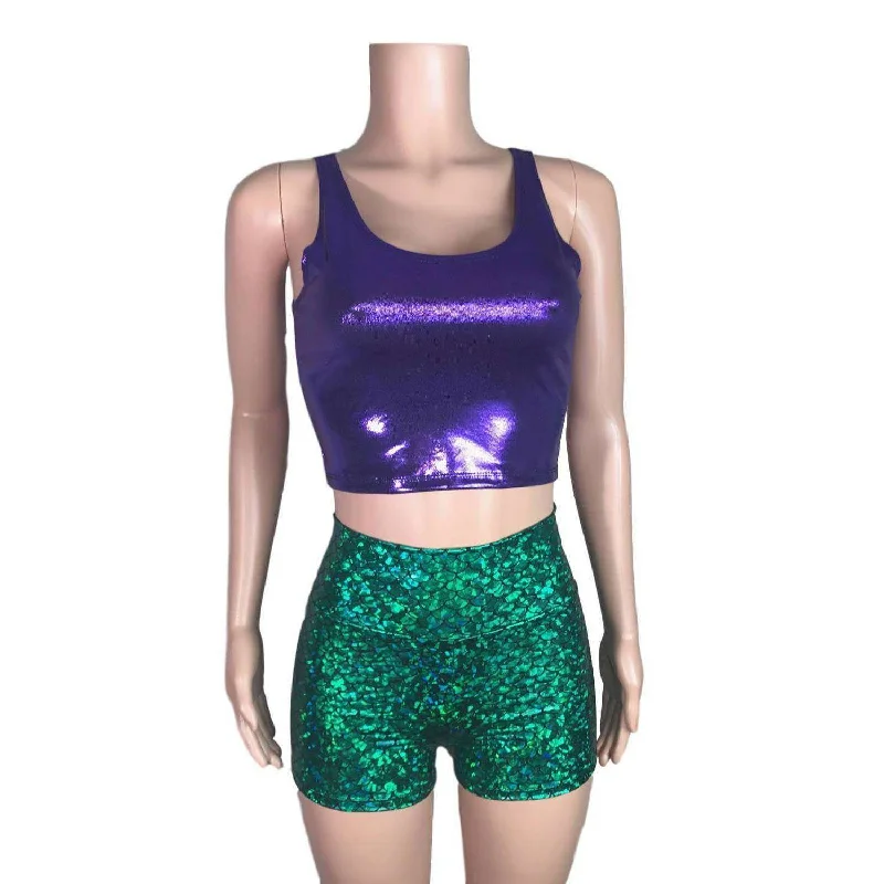 Mermaid Costume - green mermaid scales Booty Shorts and purple crop top outift - Clubwear, Rave Wear, Mini Circle Skirt Raw Hem Mini Skirt