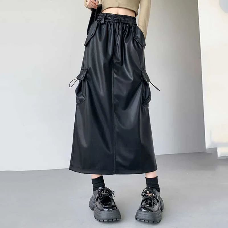 Retro Slit A-line Pu Mid-length Leather Skirt Winter unclassified skirts