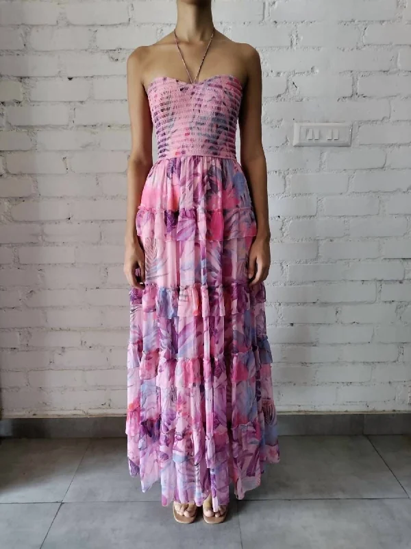 Ruffled Tier Long Dress in Pink And Purple Tropical Hot new arrivals in maxi dresses