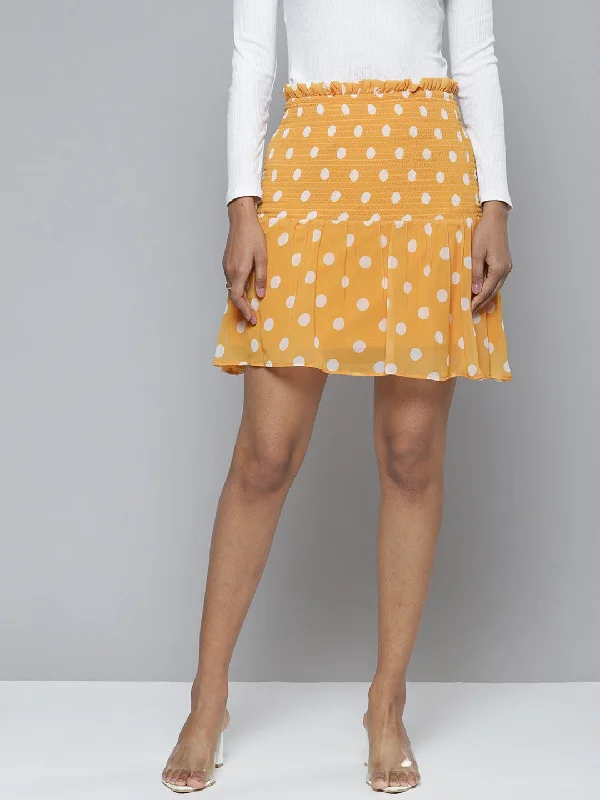 Women Mustard Polka Dot Smocked Waist Mini Skirt Mini Skirt Classic