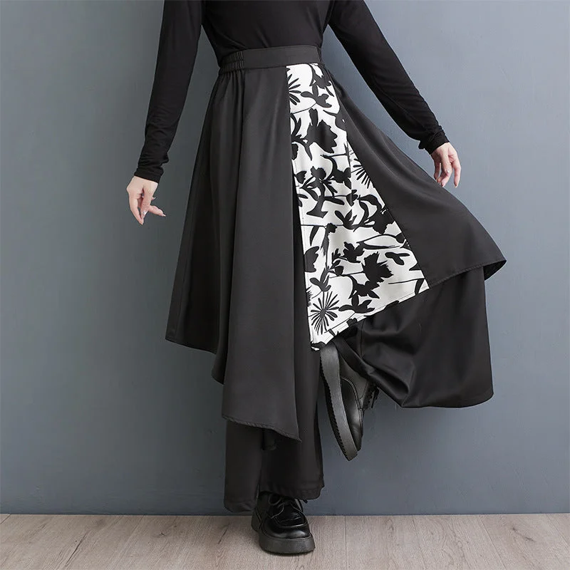 Spliced Loose High-waisted Irregular Wide-leg Pants Skirt Silk unclassified skirts