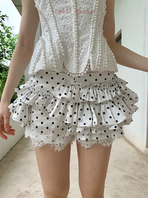 [SPOII UNOSA] Pearl Elegance Polka Mini Skirt Pleated Mini Denim