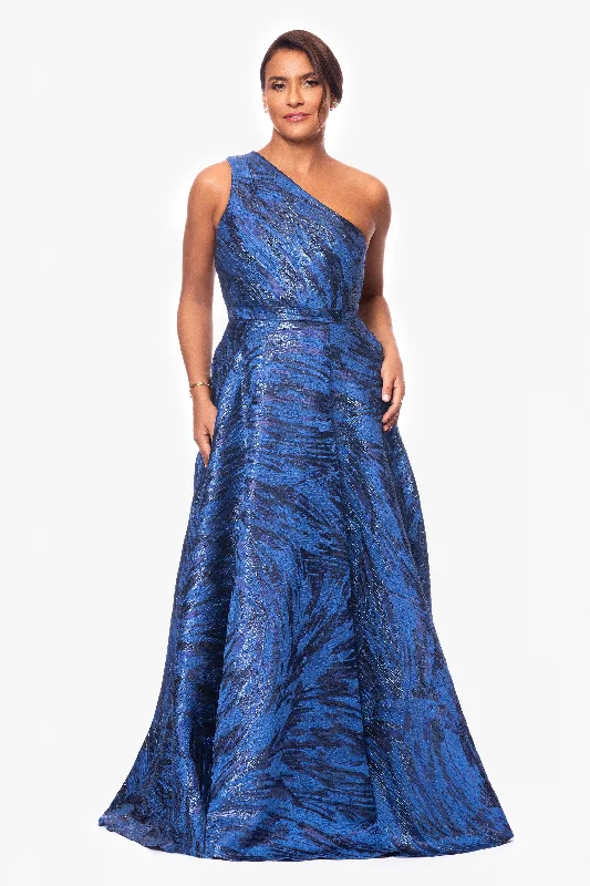 "Heather" Long Brocade One-Shoulder Ballgown Boohoo party dresses