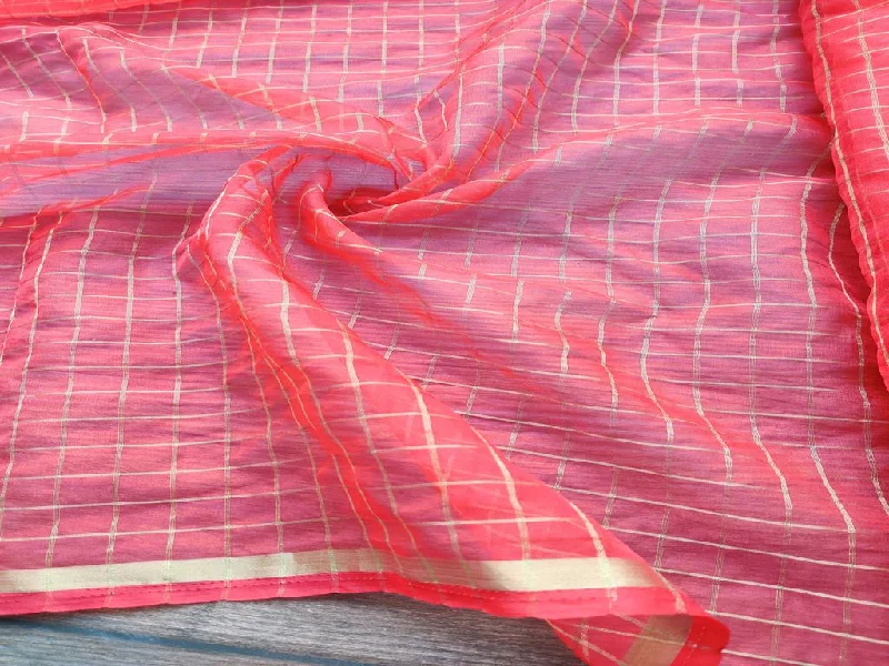 Bright Red Organza Fabric With Golden Banarasi Checks And Double Sided Border Flowy unclassified dresses