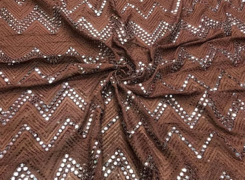 Brown Chevron Mirror Work Embroidered Viscose Georgette Fabric Sexy unclassified dresses